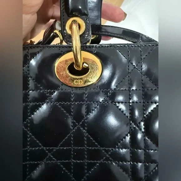 Christian Dior Vintage Medium Lady Dior Black Patent Cannage Bag Gold Hardware - Picture 14 of 14